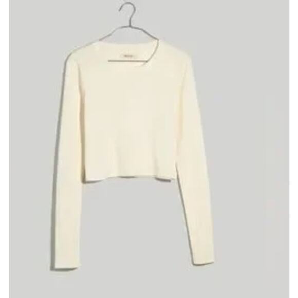 Madewell Fine Ribbed Supercrop Crewneck Long-Sleeve Tee Small Cream White - Picture 1 of 4